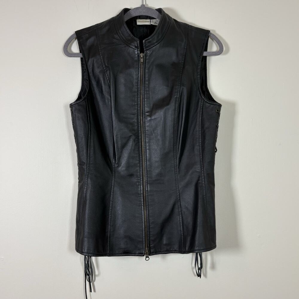Vintage 90s Newport News Black Leather Lace-Up Zip Vest 10 Y2K Biker Grunge